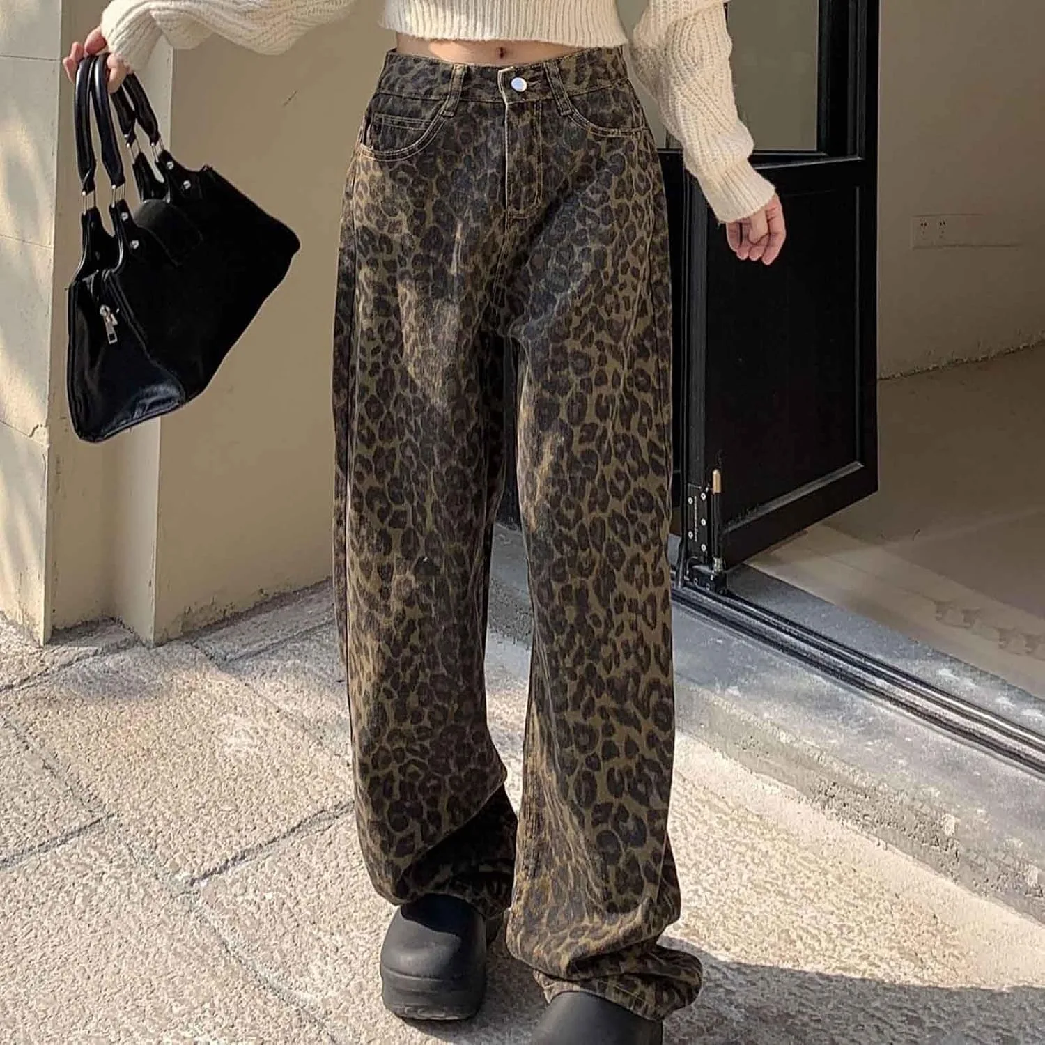 Джинсы Leopard Print для женщин Y2k в стиле стритвир Cheetah с высокой талией и широкими штанинами — фото 3
