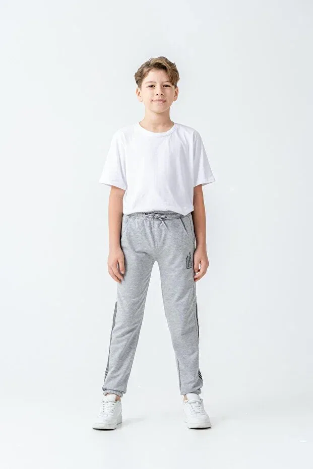 Детские спортивные штаны для мальчиков с принтом Right Left Side Stripe Printed Left Pocket Bottom Printed Boys' Sweatpants Mışıl Kids, Gray Melange