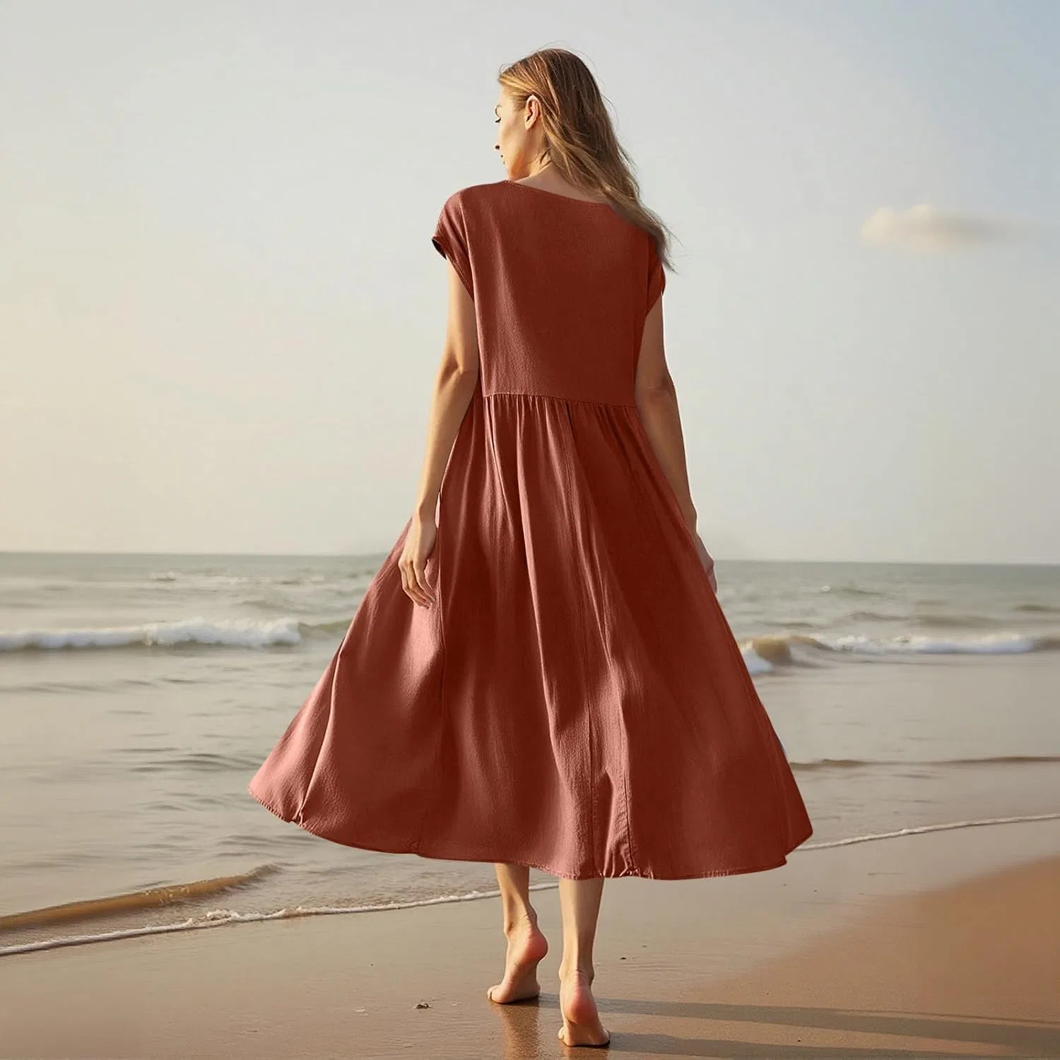 Женское летнее платье миди A-силуэта Linen, Orange — фото 3