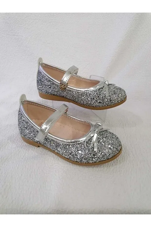Детские балетки для девочек с бантом Özgür Kids, Silver — фото 2