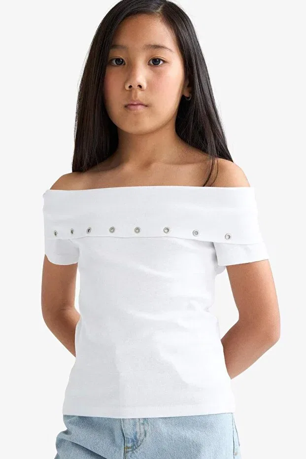 Детская футболка для девочек с принтом Slim fit narrow cut off-shoulder printed rib knit short sleeve t-shirt girls f7130a825au Defacto, White Wt79 — фото 3