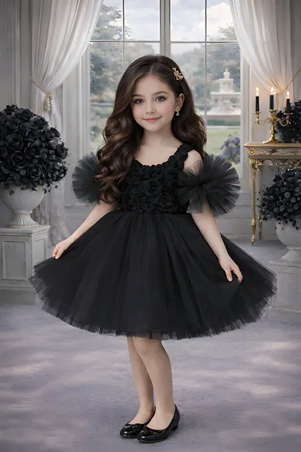Детское платье для девочек с пайетками Pompom sleeves rose patterned tulle party and birthday dress Rumi Kids, Black