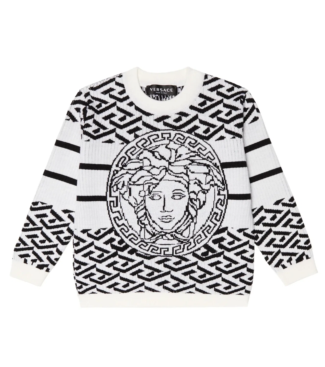 Свитер шерстяной с интарсией Medusa Versace Kids, белый