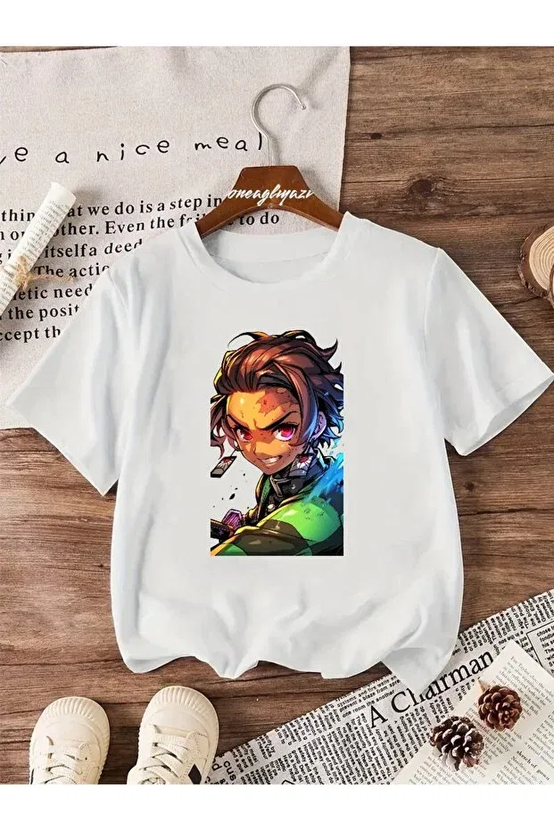 Детская футболка для девочек с принтом Demon Slayer Printed Children's Oversize Oneagılyazı, White