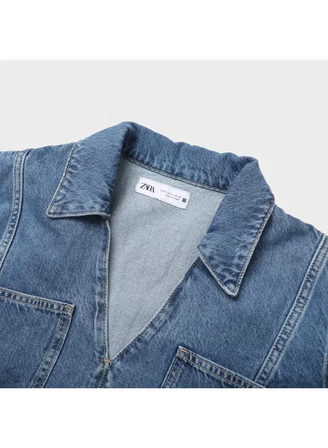 Рубашка хлопковая джинсовая Zara, синий — фото 4