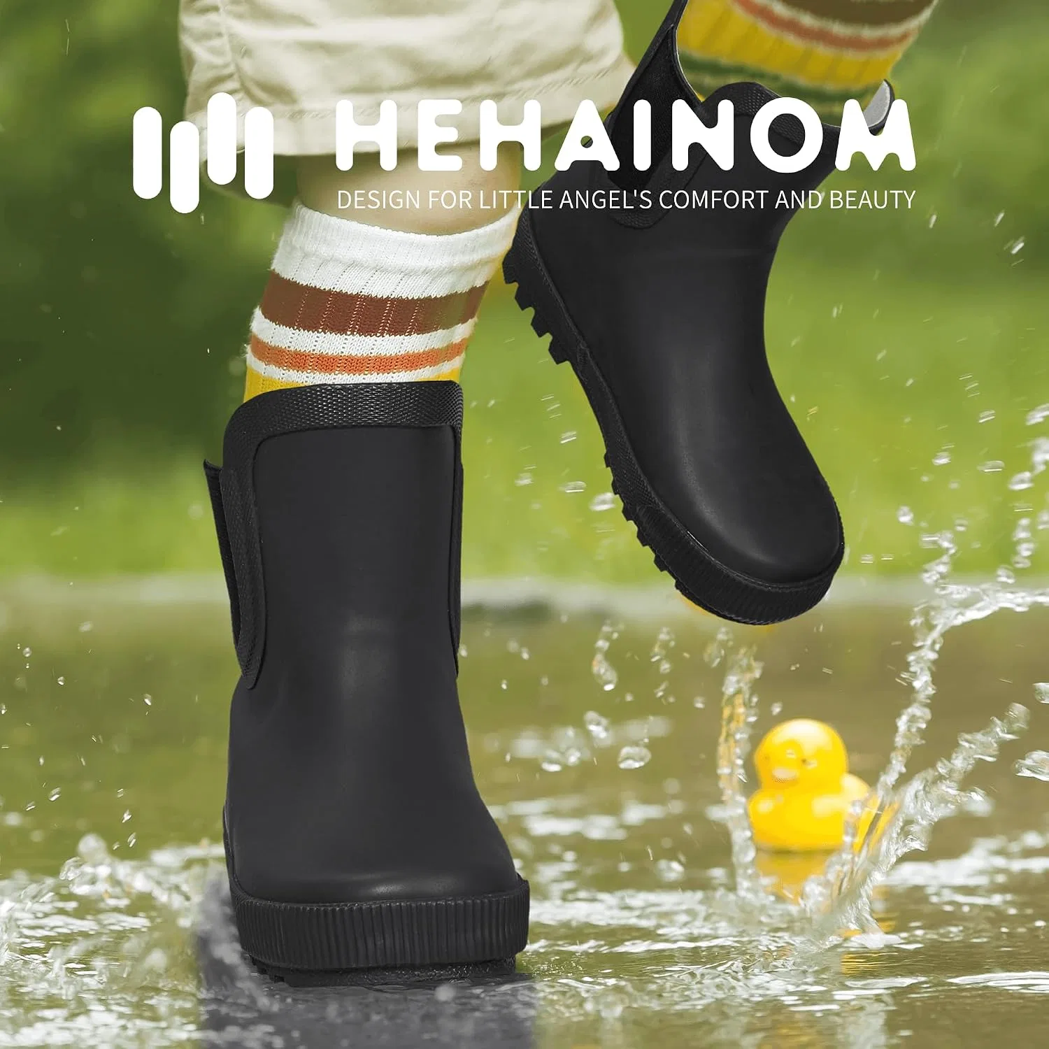 Детские резиновые сапоги для девочек и мальчиков с принтом Hehainom, Black — фото 2