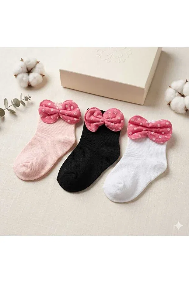 Детские носки для девочек хлопковые набор 3 шт Pink Ribbon Detailed Baby Girl Socks Set Of 3 Thagos, Multicolor
