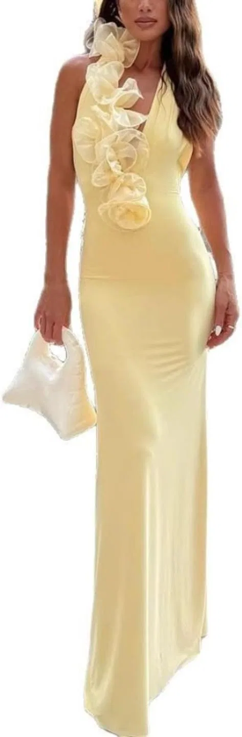 Женское платье с V-образным вырезом и 3D кружевом, Light Yellow