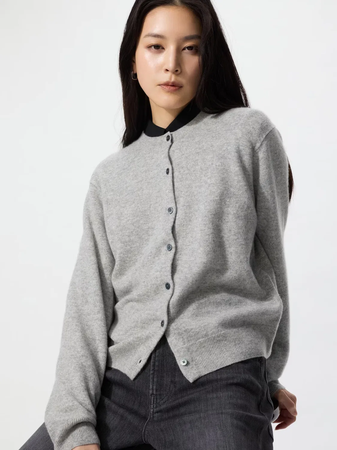 Кардиган Uniqlo, кашемировый, с круглым вырезом, серый