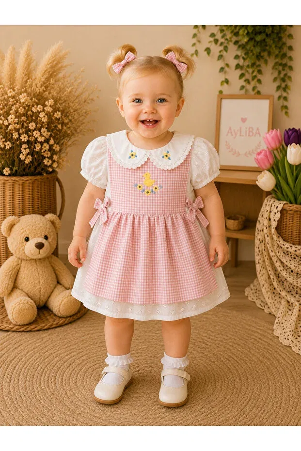 Детское платье для девочек с принтом Chick and daisy embroidered plaid checked lace bow detail Bobby Baby, Pink — фото 2