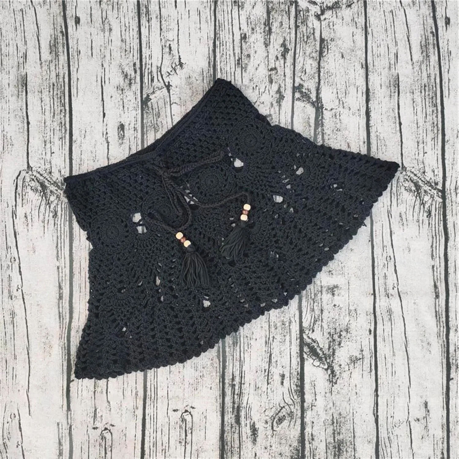 Женский купальный костюм с юбкой-накидкой вязаной Crochet, Black — фото 2