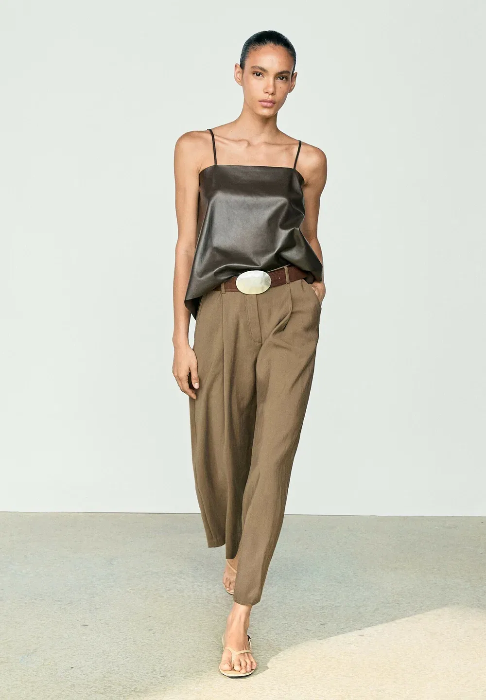 Свободные укороченные брюки с широкими штанинами Massimo Dutti, Khaki — фото 2