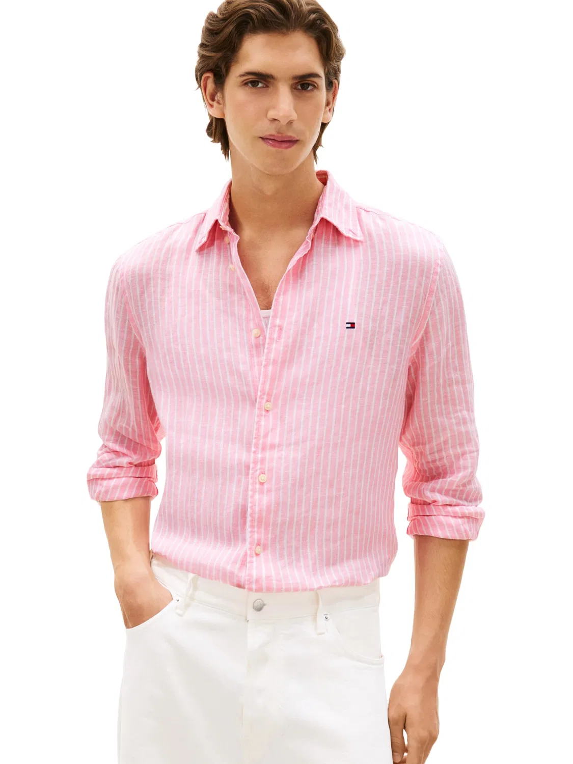 Мужская рубашка с длинным рукавом из льна Tommy Hilfiger, Classic Pink / Striped