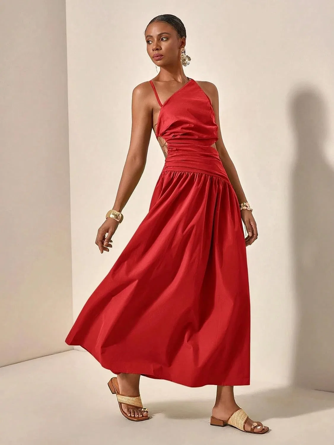 Женское длинное платье на бретельках с вырезами Ruched, Red — фото 3