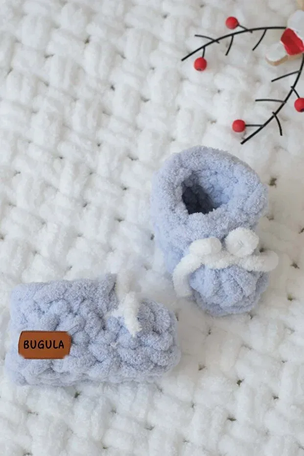 Детские пинетки для новорожденных с принтом Newborn baby panduf 0-3m white with bow gray blue boy mevlüt gift knitted Bugula, Gray Blue - White — фото 3