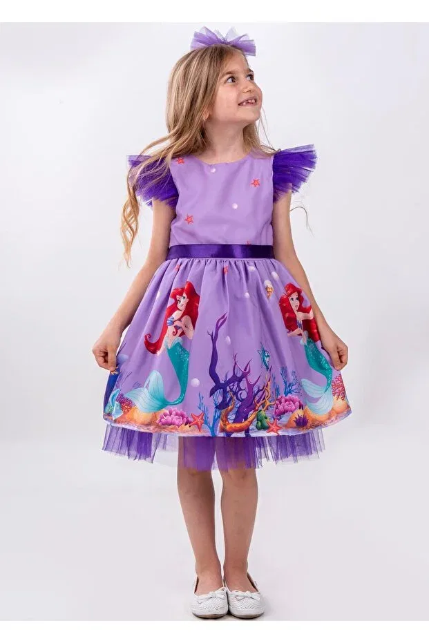 Детское платье для девочек с принтом Mermaid patterned tulle detailed Buse&Eylül Bebe, Purple — фото 2