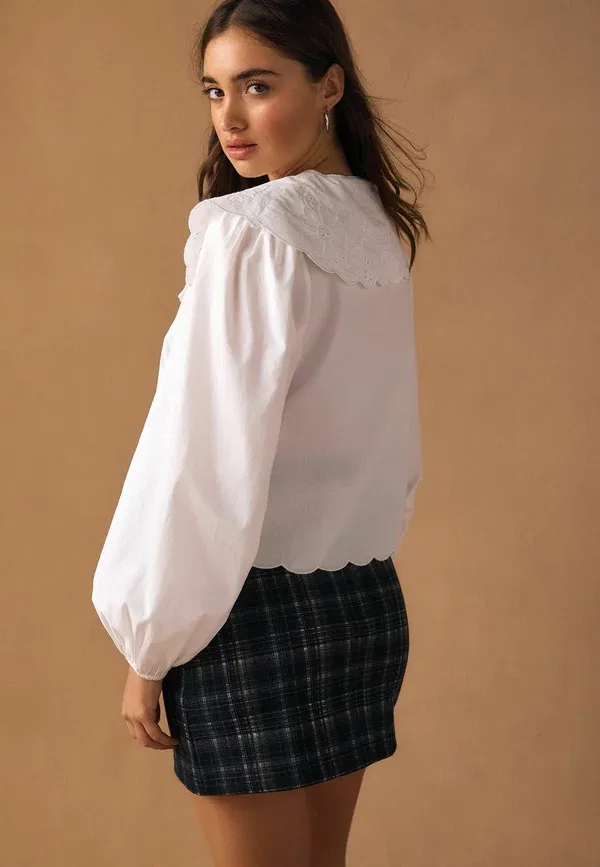 Блуза с вышивкой Petite fit - statement collar broderie long sleeve - button-down blouse Next, white, белый — фото 2
