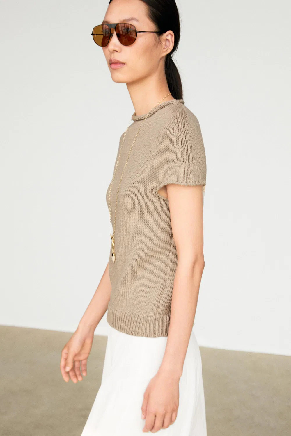 Свитер Massimo Dutti Cotton Blend Short Sleeve Rolled-neck, бежевый — фото 3