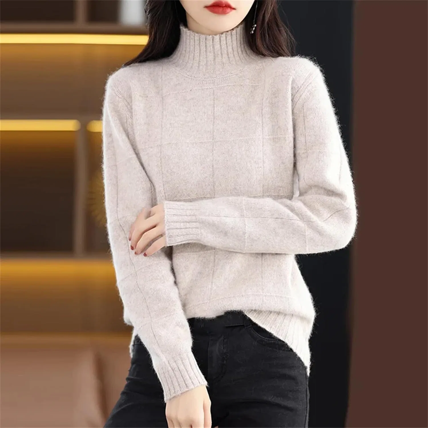 Женский свитер с высоким воротником, из кашемира, Slim Fit, светло-зелёный — фото 4