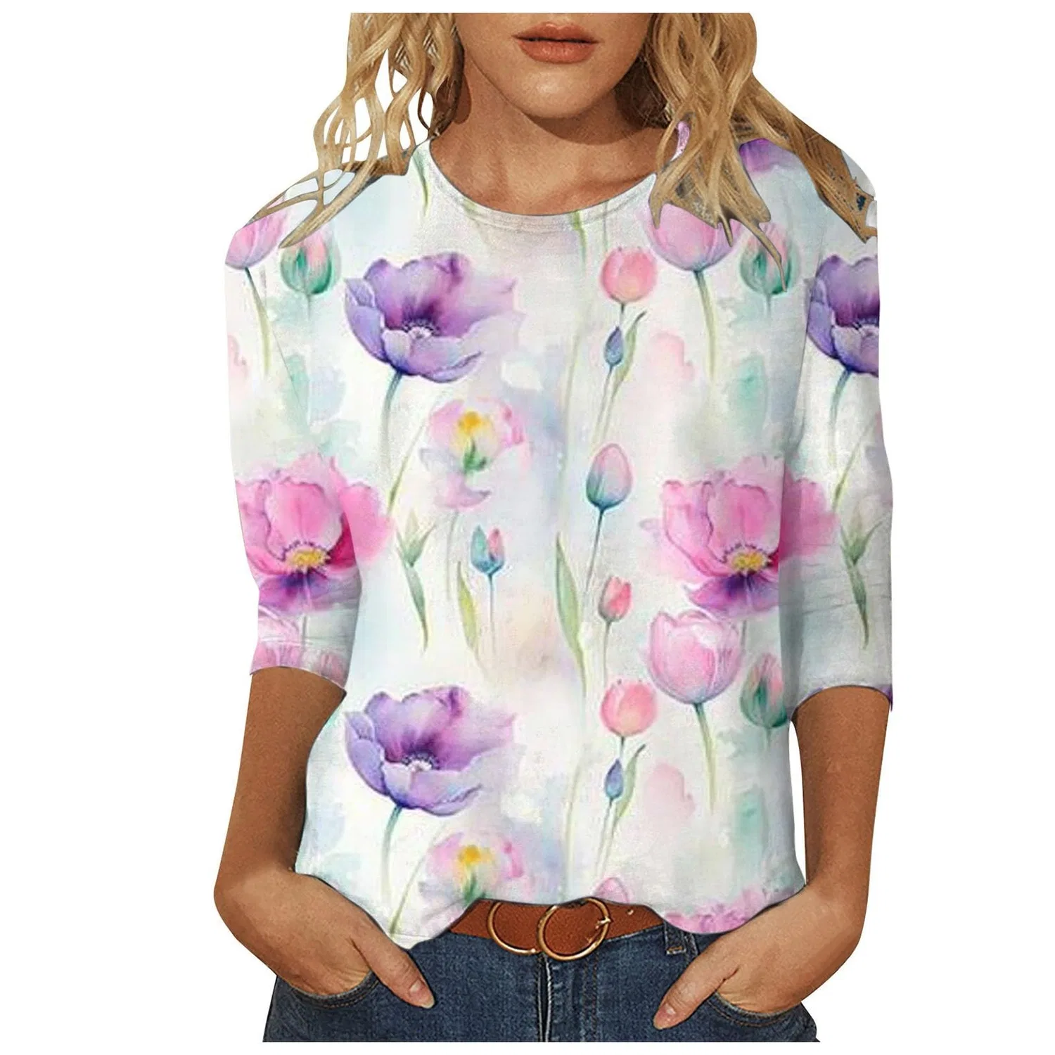 Женская блузка с цветочным принтом Floral Print Round Neck Long Sleeve Lace Top, Pink-6