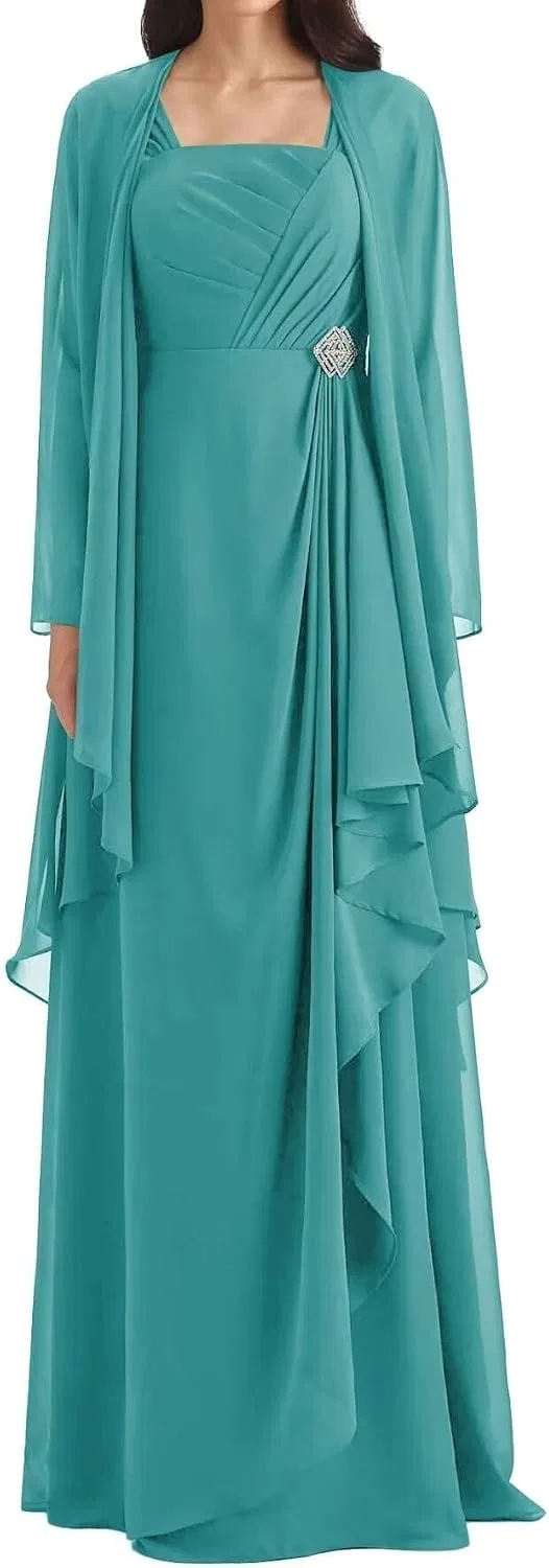 Женское вечернее платье с жакетом из шифона A-силуэта с воланами MJ59, Turquoise