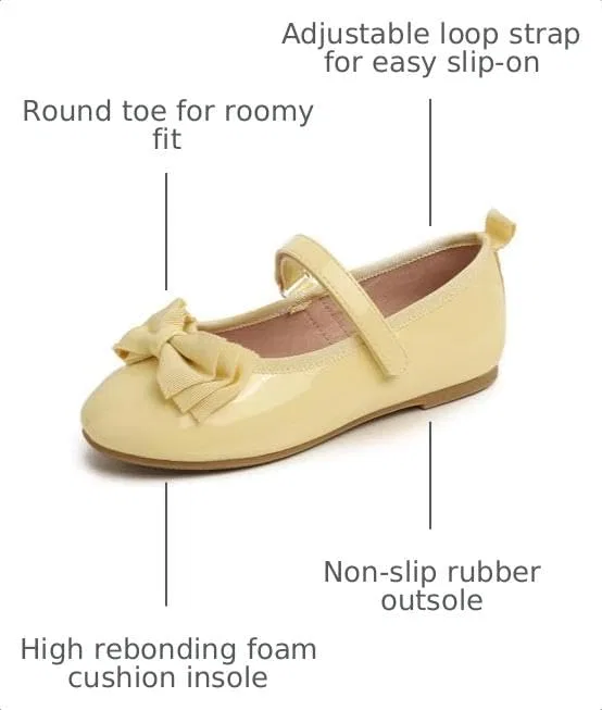 Детские балетки для девочек с принтом FEVERSOLE, Yellow Patent Vegan Leather Bow Tie Loop Maryjane — фото 3
