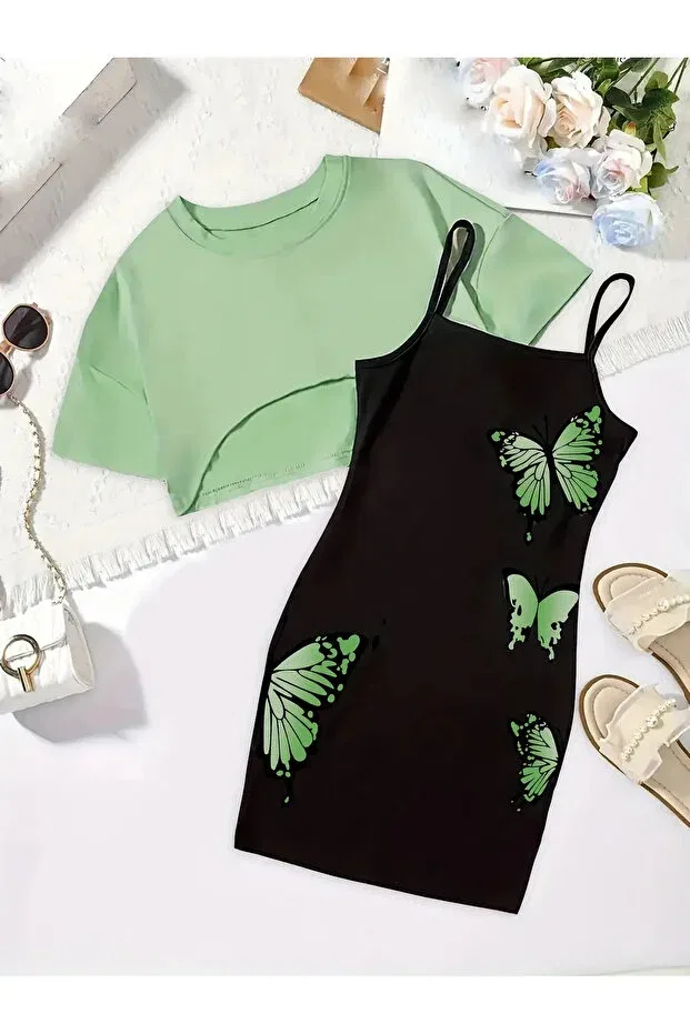 Детское платье для девочек с принтом Butterfly & Crop T-Shirt Mancy, Green