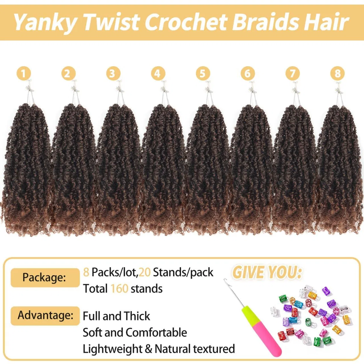 Искусственные волосы для плетения «Yanky Twist Crochet Hair» 16 дюймов, 8 упаковок Ainimiu, T30-Brown — фото 3