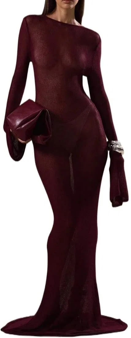 Женское макси платье с разрезом Knitwear, Burgundy
