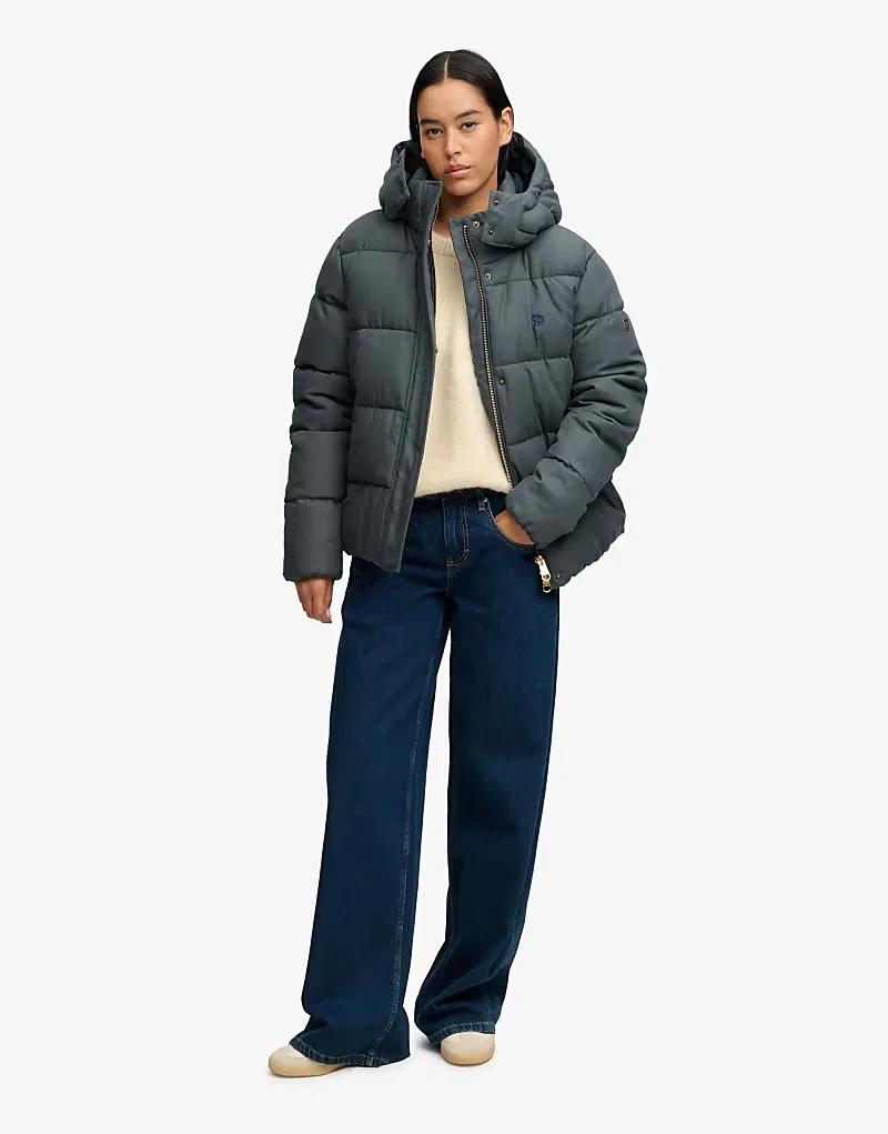 Пуховая куртка Superdry Premium с капюшоном в клетку оливково-синий — фото 4