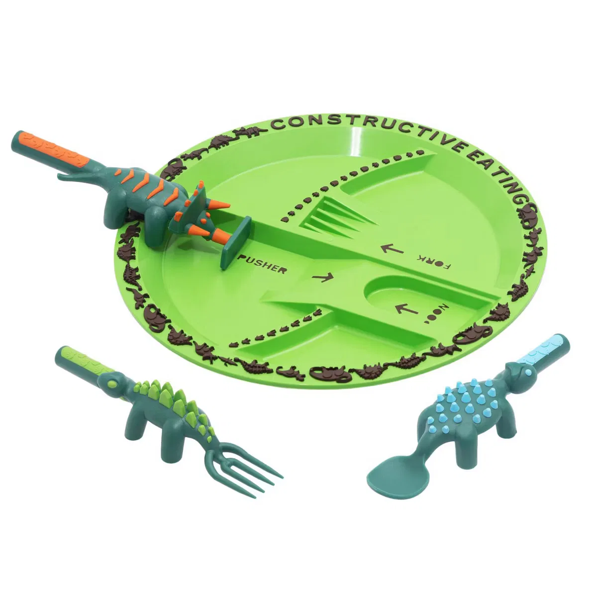 Набор детской посуды с разделенной тарелкой и приборами 4 предмета Dinosaur Constructive Eating, Green