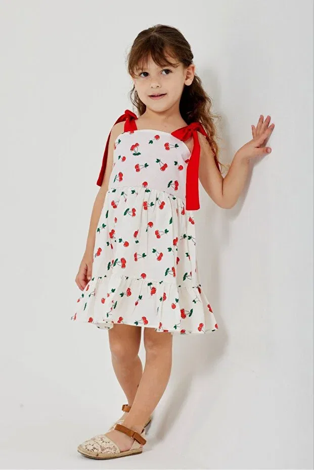 Детское платье для девочек с принтом Cherry patterned dress with hat Mevababy Tugba Bayraktar, White — фото 2