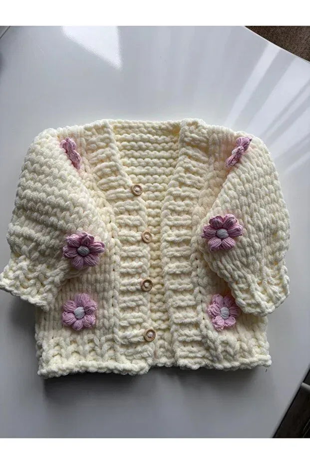 Детское вязаное пальто-кардиган с принтом Puffy Flowered Cardigan Coat Velora, Beige — фото 3