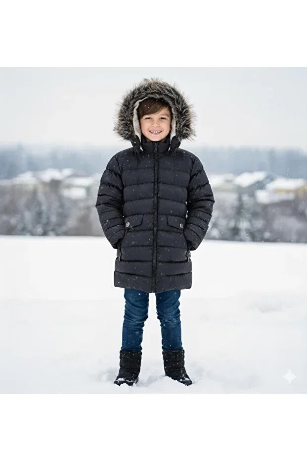 Детское пальто для мальчиков с капюшоном Selçuk Mont, Black