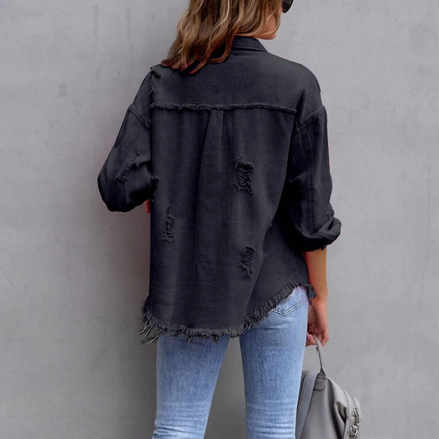 Женская джинсовая куртка с бахромой Ripped Fringe Denim Jackets, Nero — фото 3
