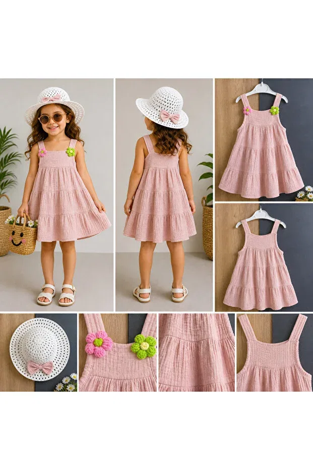 Детское платье для девочек с принтом Layered Dress & Straw Hat Set Mini Zehram, Rose Dry