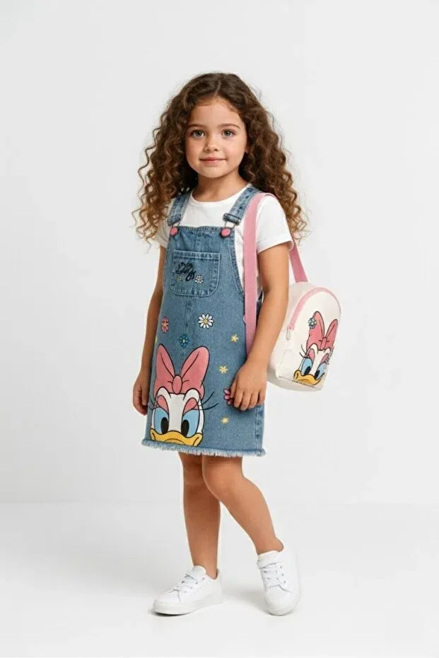 Детское платье-сарафан джинсовое с принтом Girls' denim dungaree dress cute duck design denim model, Furyatex, Blue