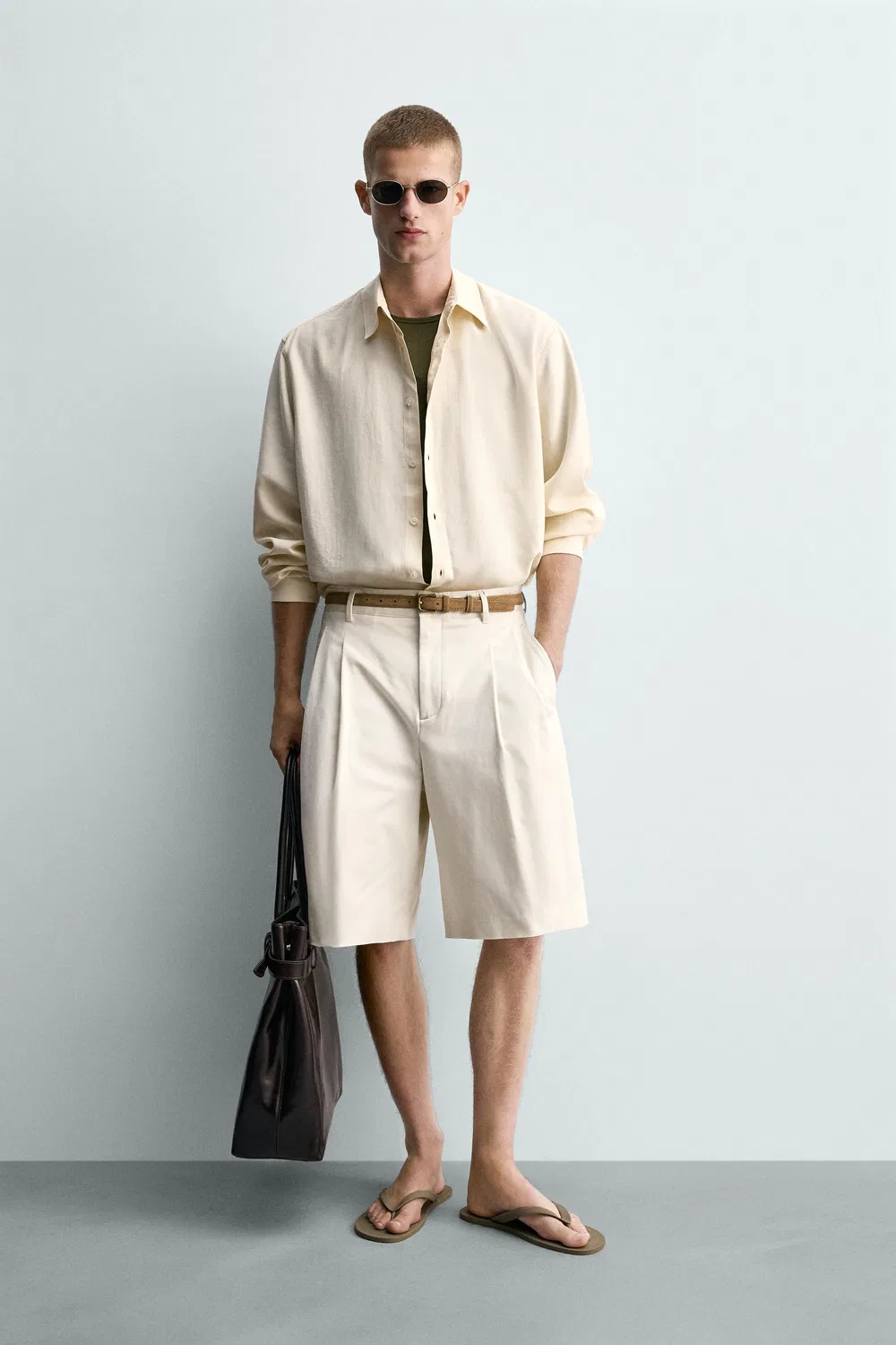 Шорты-бермуды с широкими штанинами и плиссировкой ZARA, Oyster-White