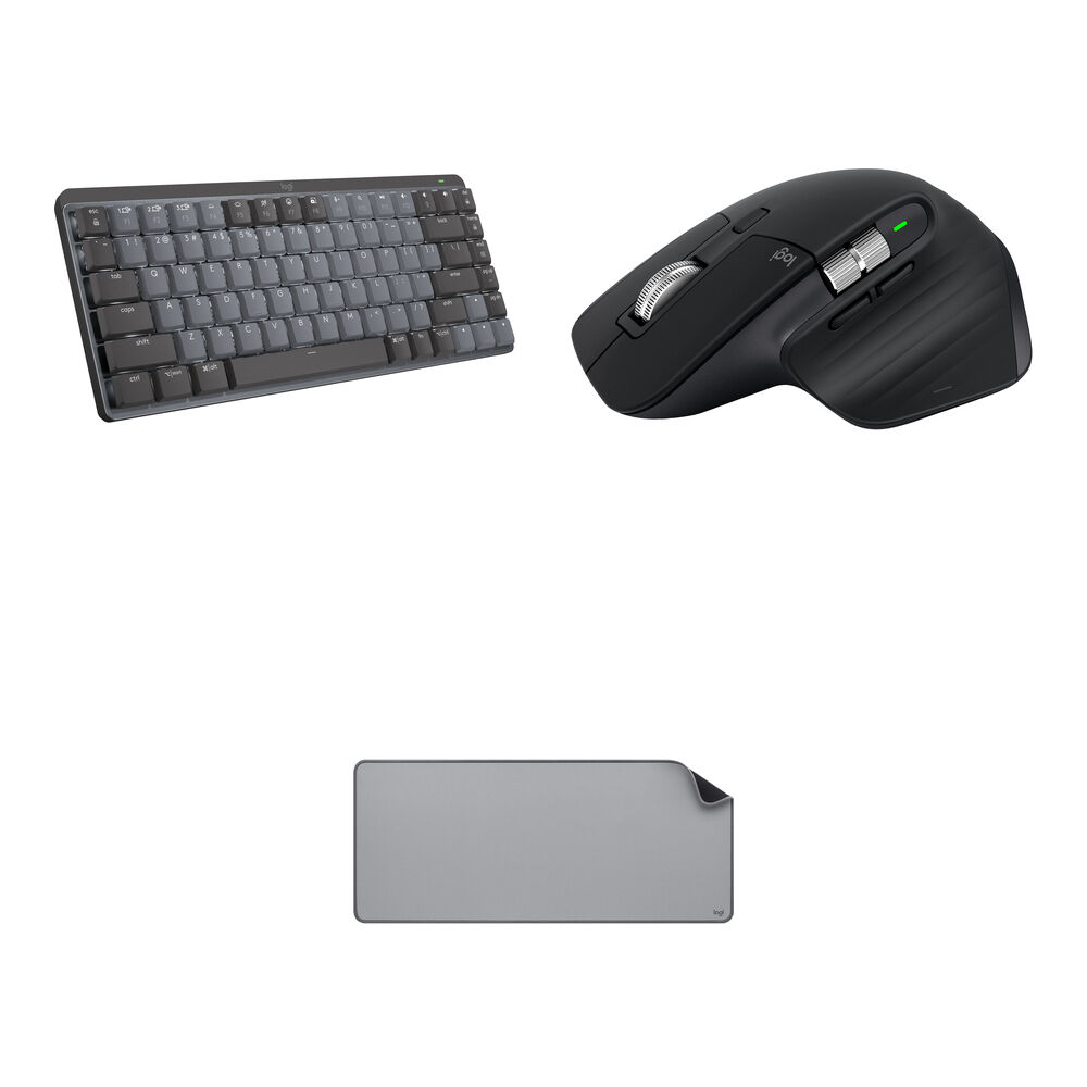

Комплект из беспроводной механической мини-клавиатуры Logitech MX и мыши MX Master 3S с ковриком для стола Studio Desk Pad (черный/серый)