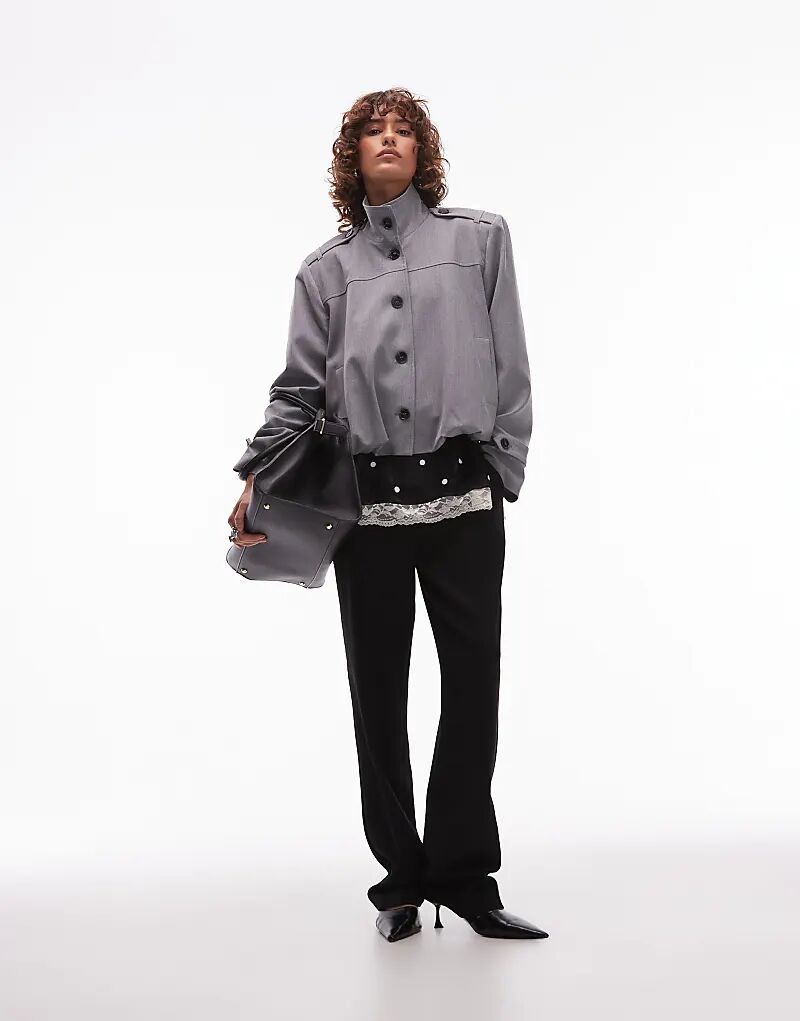 

Пиджак ASOS DESIGN с воротником-стойкой и хлястиком темно-серого цвета