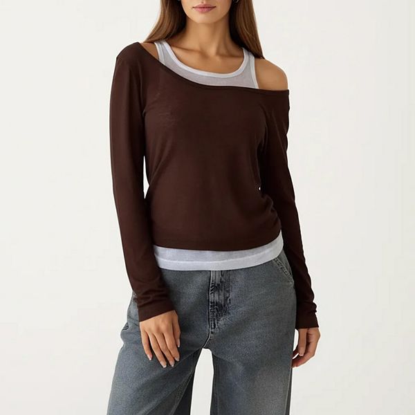 

Топ с длинным рукавом и многослойной вязкой с открытыми плечами и свободным кроем Anna-Kaci, Coffee