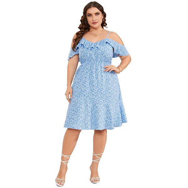 

Платье женское Plus size с рюшами и холодным плечом в цветочный принт Seoria, Blue