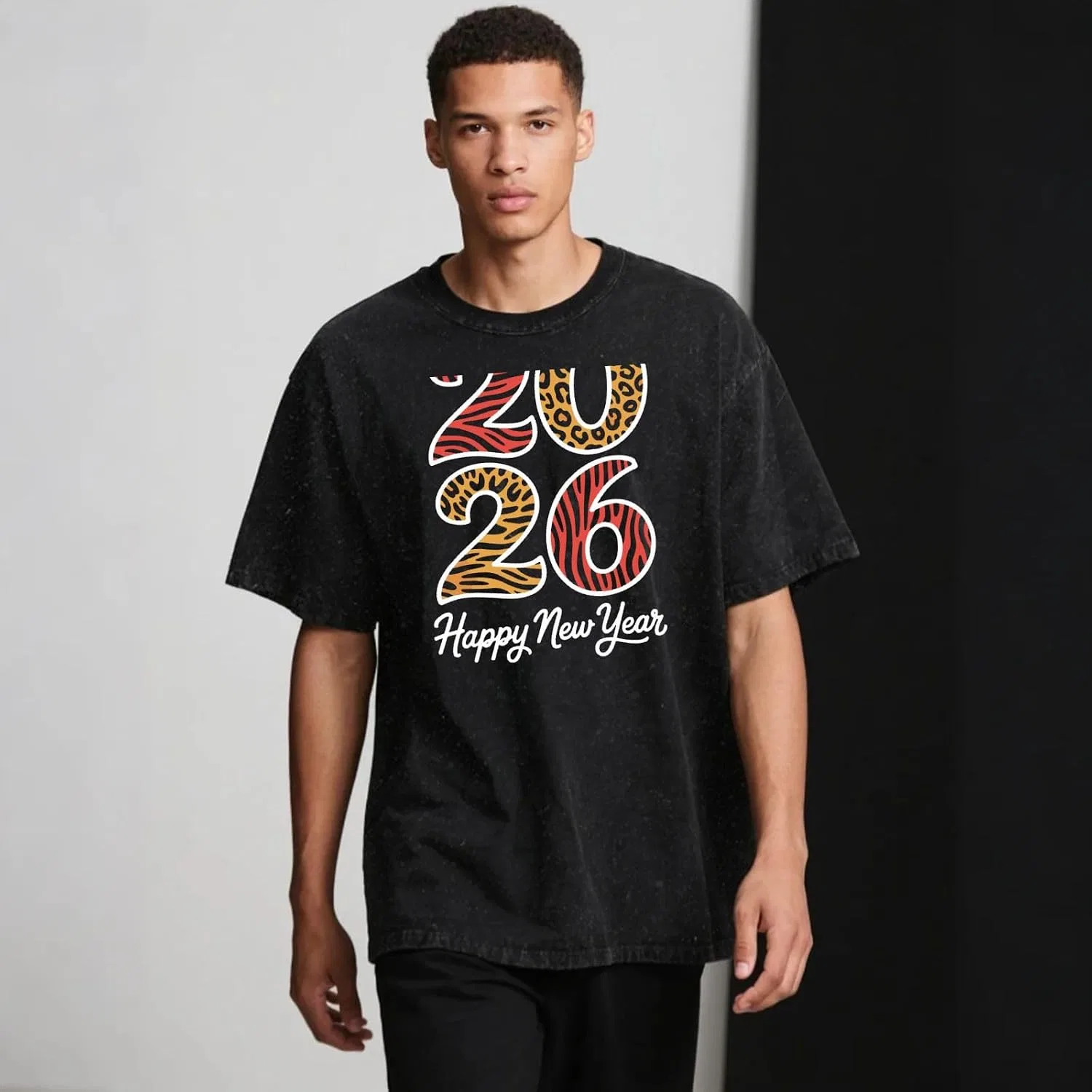 Мужская футболка с принтом Happy New Year 2026 Shirt-004, Wash Black — фото 2