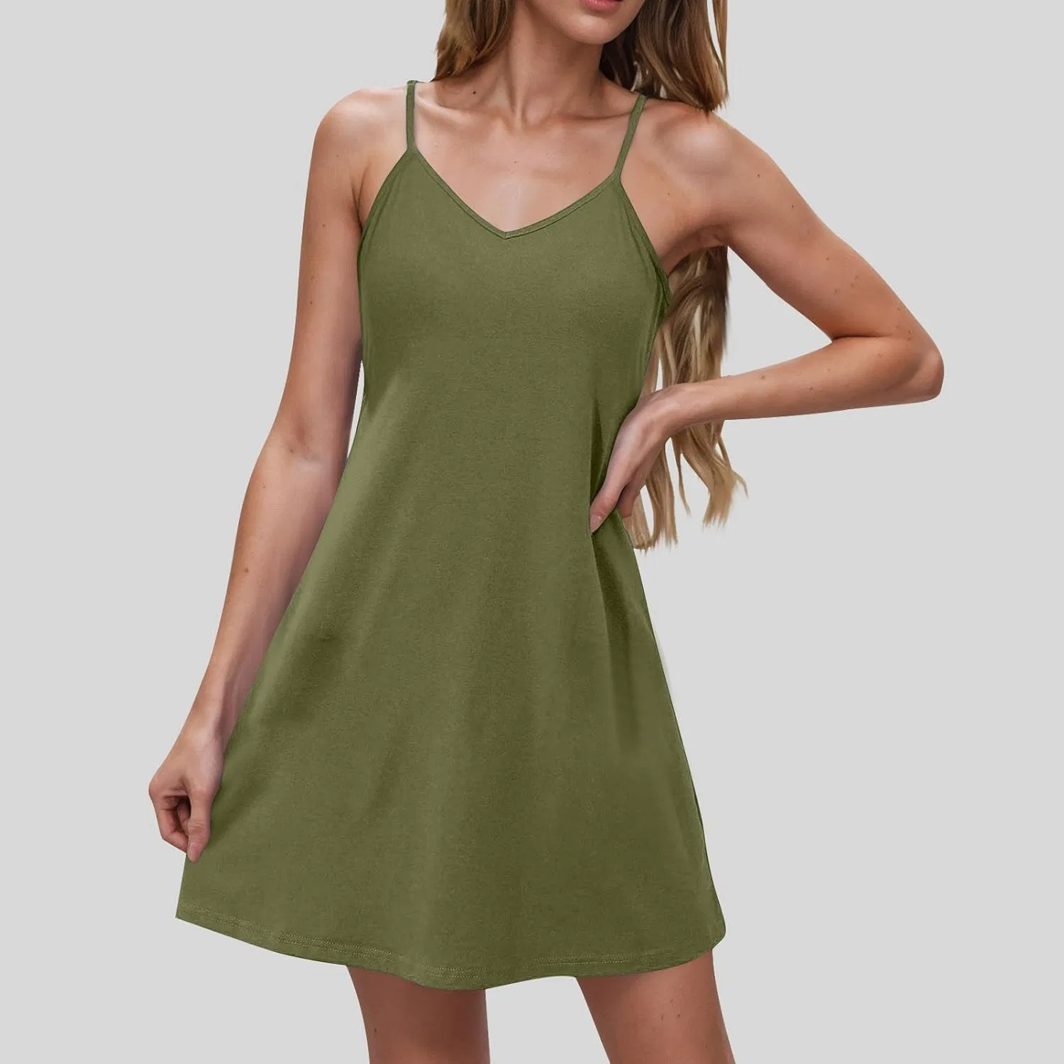 Женское летнее мини-платье на бретелях A-силуэта Army Green — фото 2