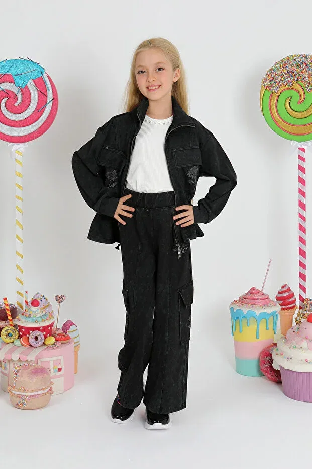 Детский комплект спортивного костюма для девочек с принтом Rose Stone Detailled Tracksuit Set Star Pearl Kids, Black — фото 2