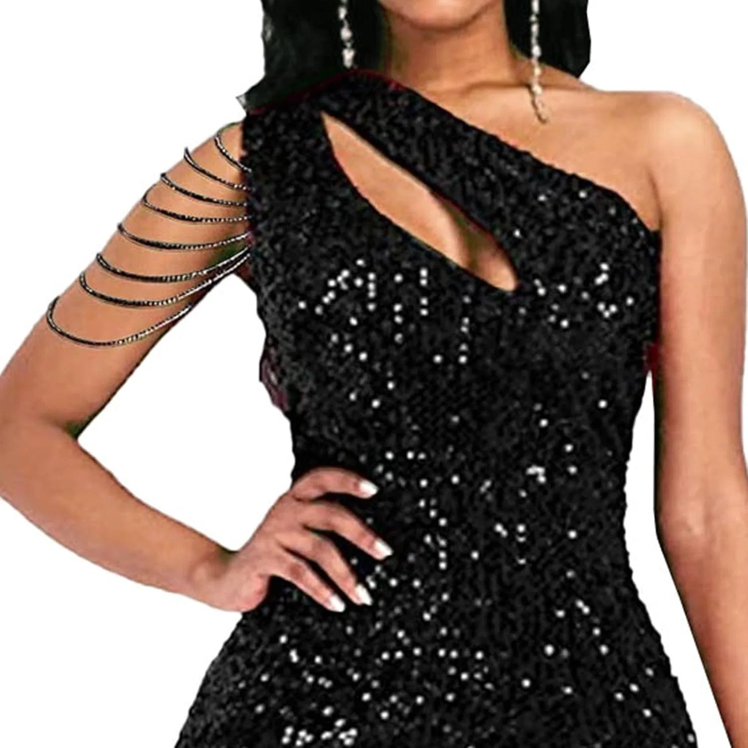 Женское платье вечернее с пайетками на одно плечо, русалка, Formal Dress for Women Sequin One Shoulder, чёрный — фото 4