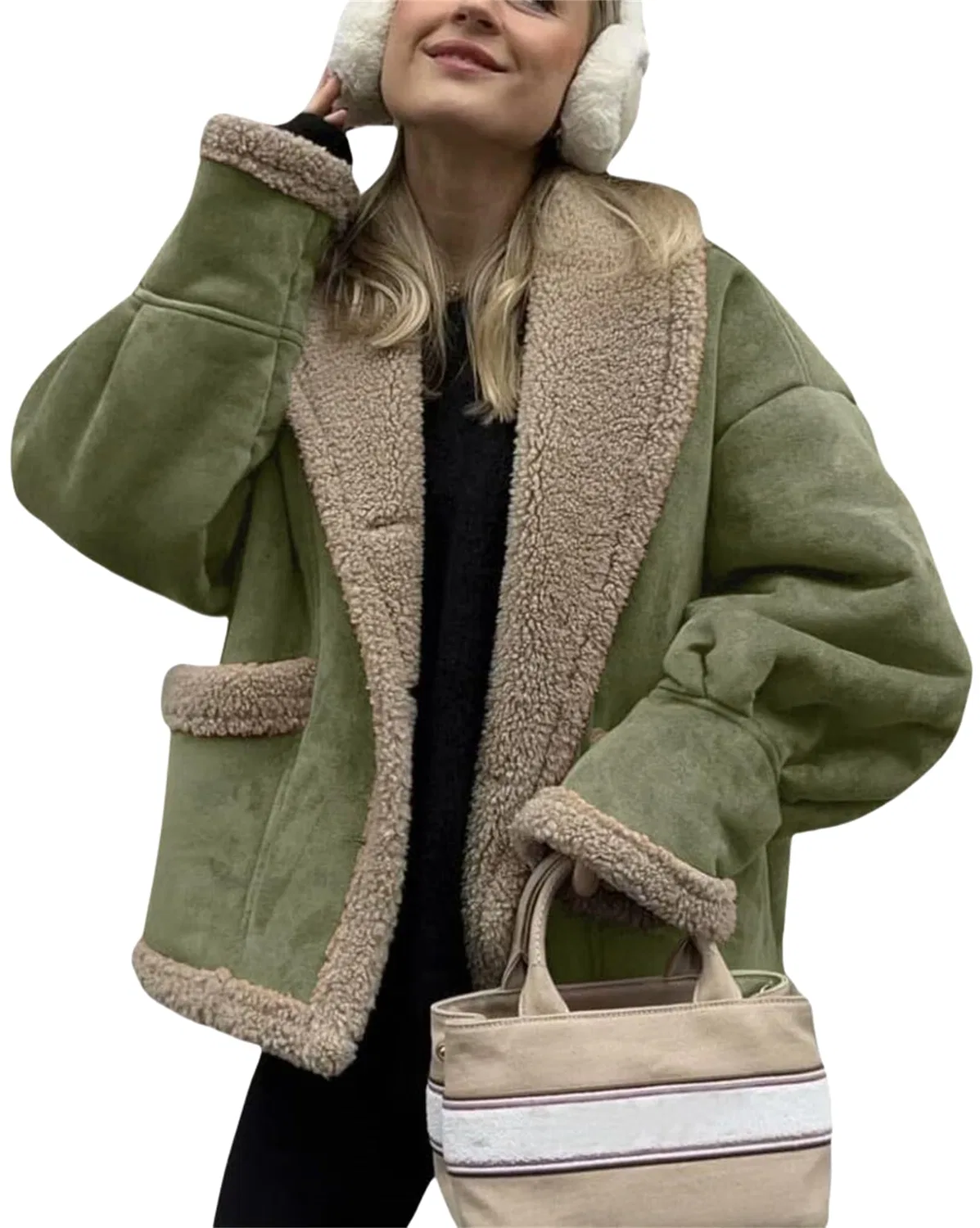 Женская куртка с подкладкой из шерпы, оверсайз, Faux Suede Leather Jacket, Verde