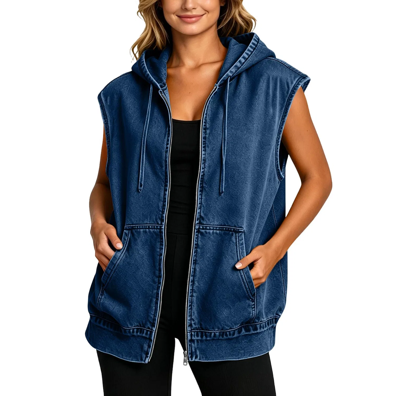 Женский джинсовый жилет без рукавов Trucker Jean Jacket, Blu scuro 1