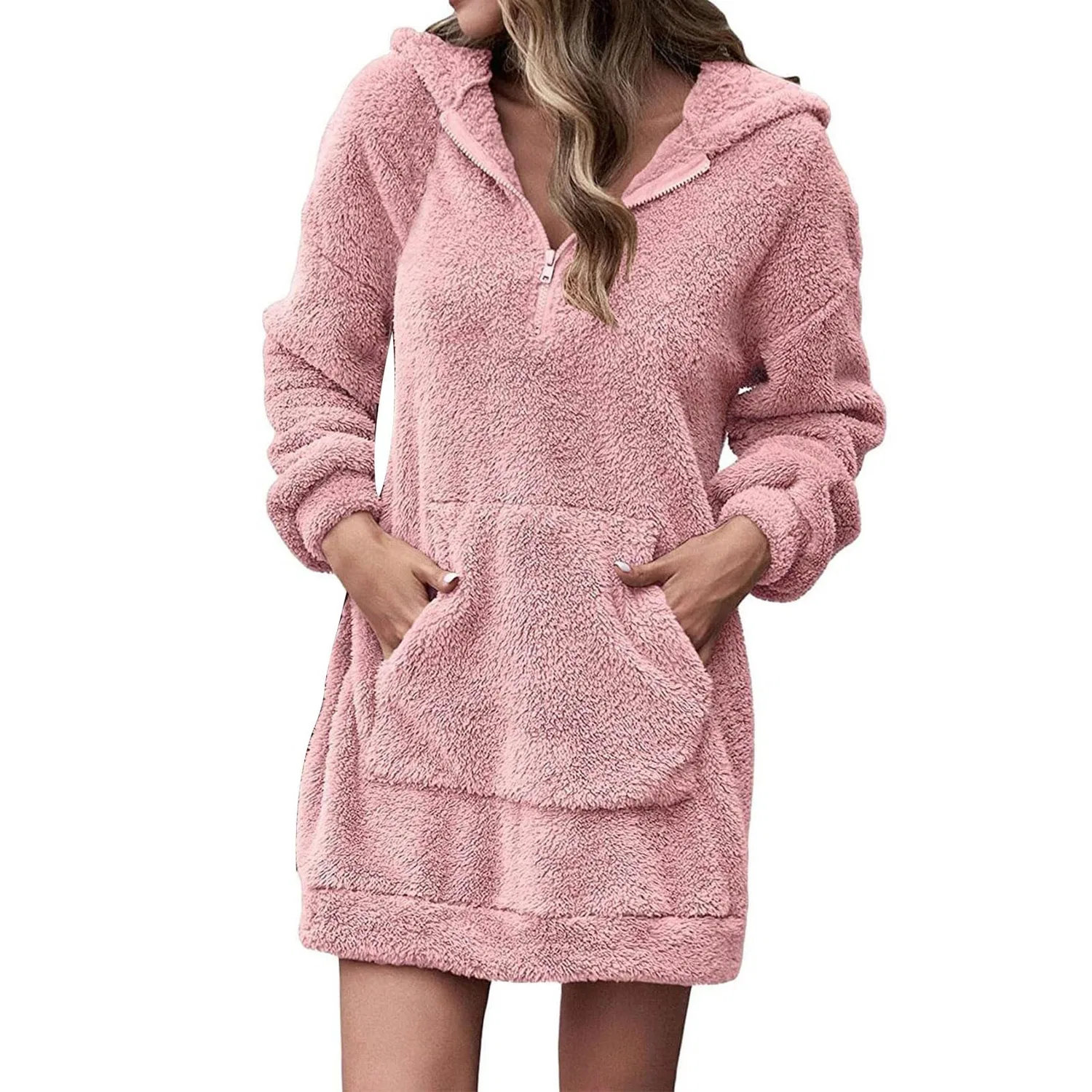 Женское зимнее пальто с капюшоном, длинное, из флиса, Rosa