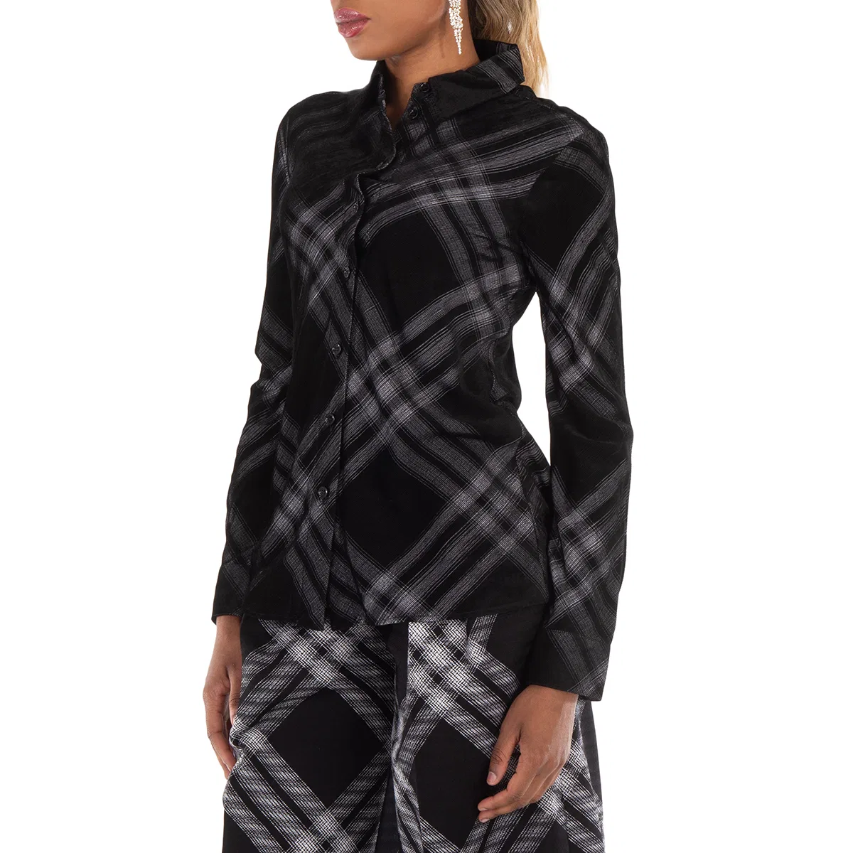 Женская рубашка с длинным рукавом, модель Long Sleeve Check-Print Button Down Shirt Burberry, Silver Tone — фото 2
